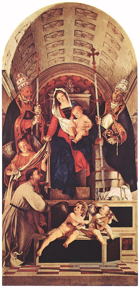 Madonna und Kind mit Sts Dominic Gregory and Urban Renaissance Lorenzo Lotto Ölgemälde